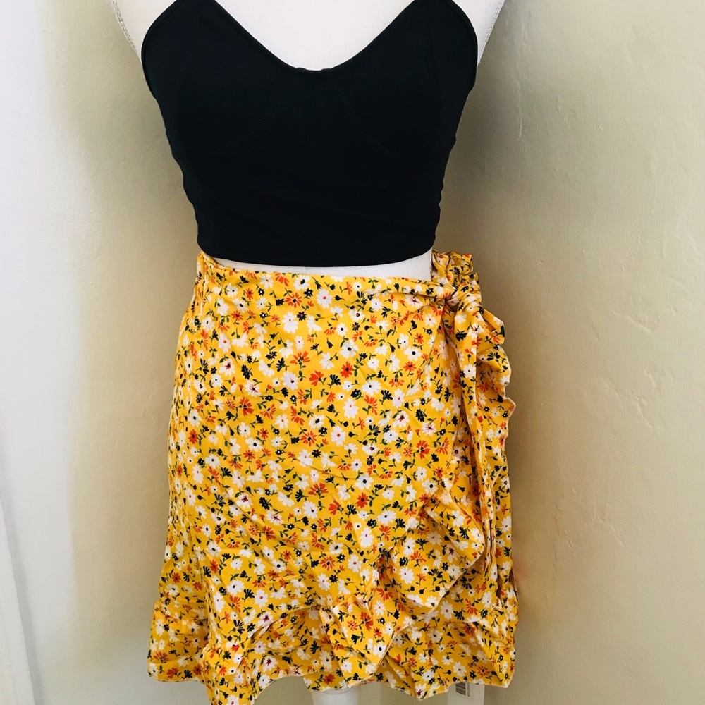 Yellow Flowered Wrap Around Mini Skirt